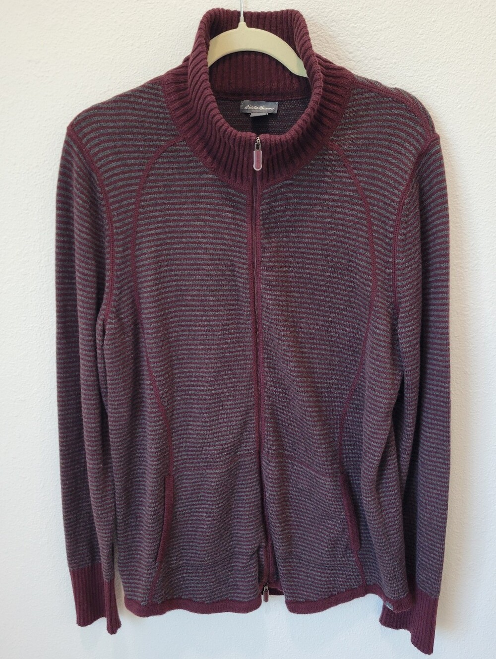 Eddie Bauer Womens XL Striped Mock Neck Zip Sweater Maroon Gray Cotton Blend